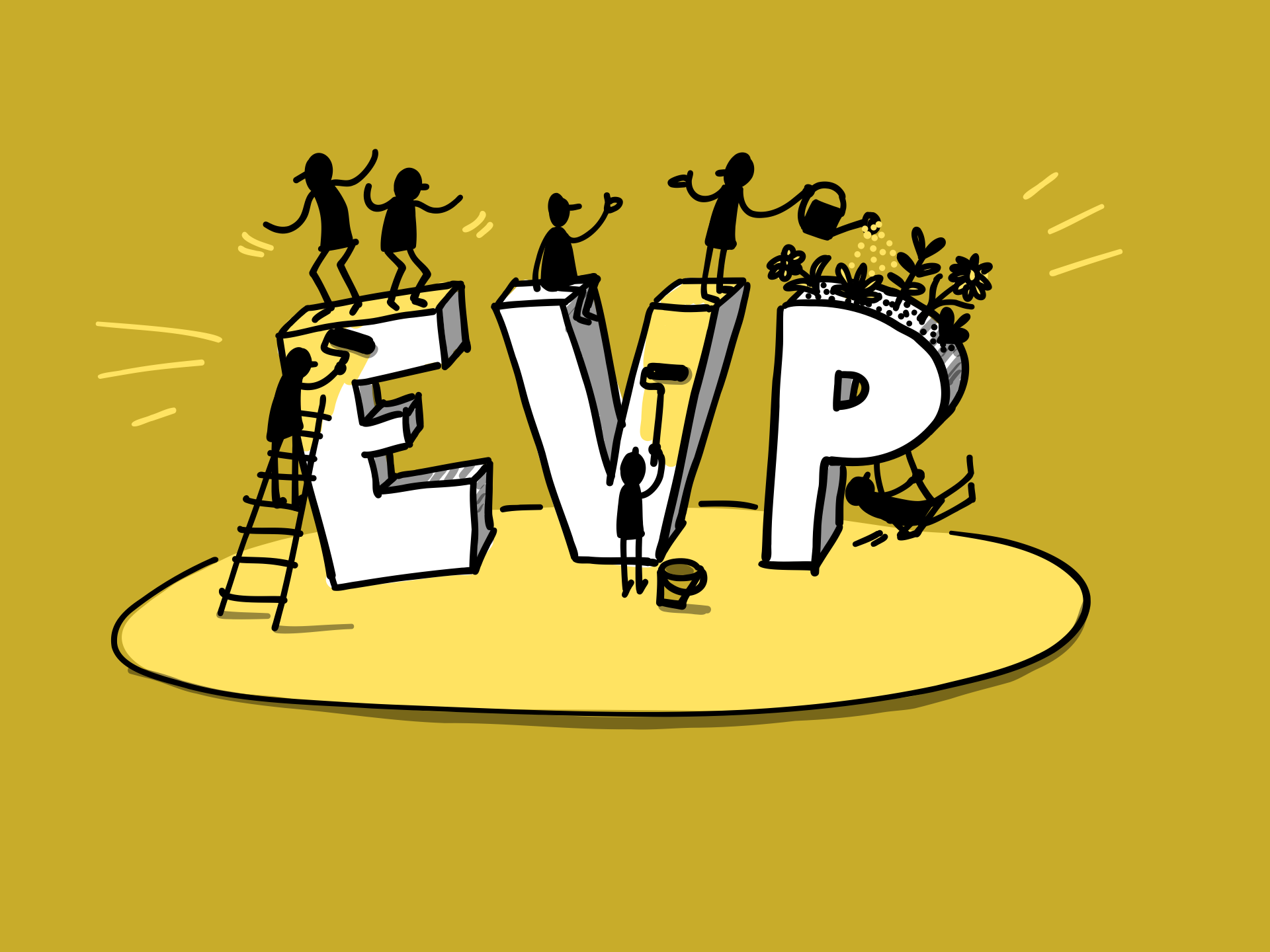EVP is represented by large three-dimensional letters in a circular space. Small characters are enjoying themselves and decorating the letters.