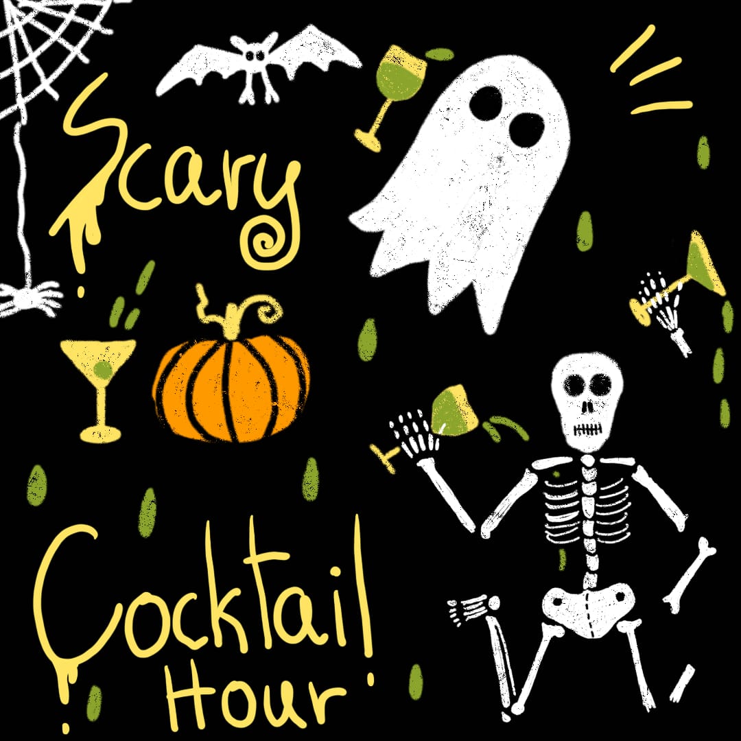 Black background with pumpkin, ghost, skeleton and other Halloween characters with text Scary Cocktail Hour.